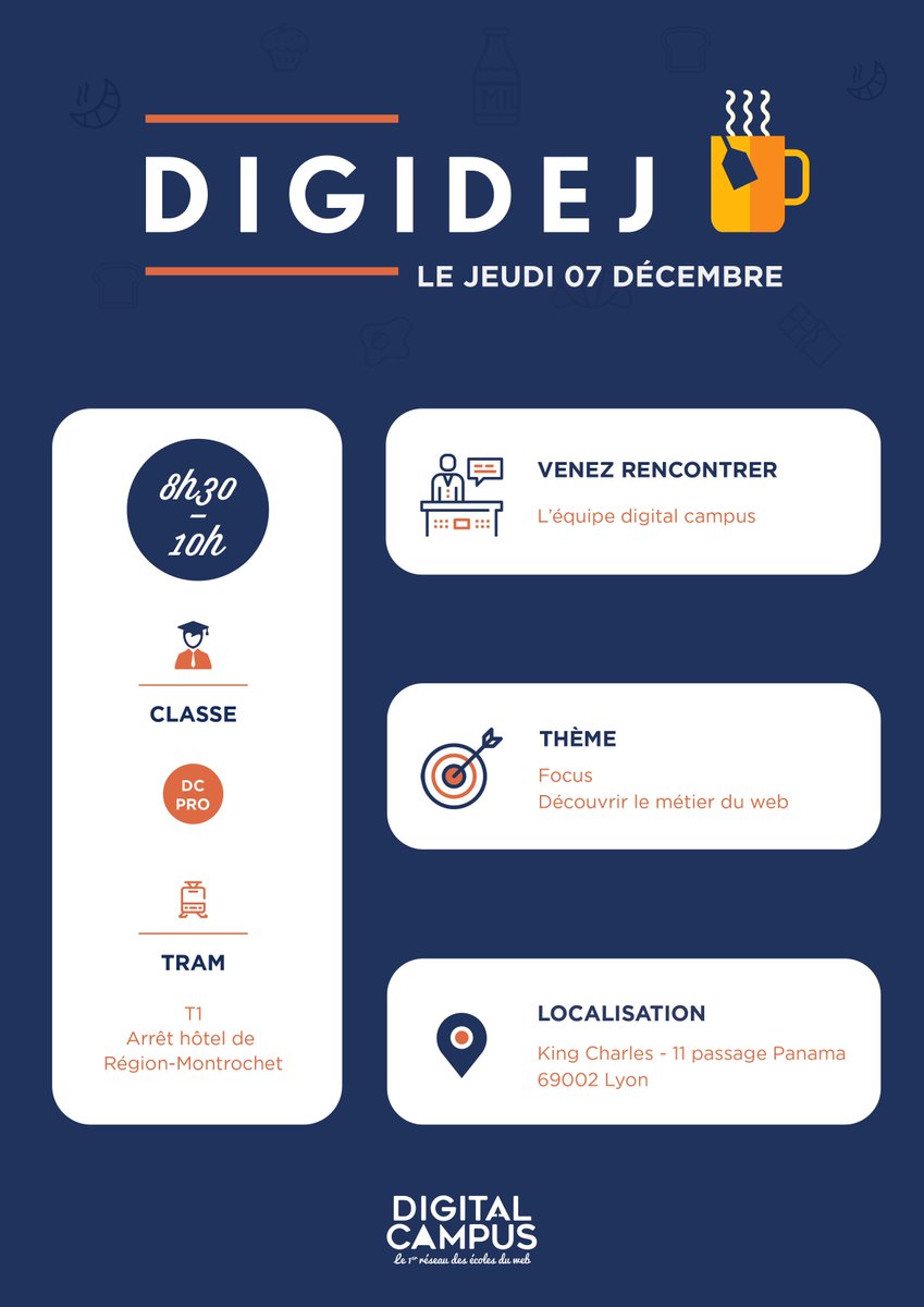 monfortmichael's tweet photo. #DigiDej @DigitalCampLyon le 7/12 !!! Venez échanger autour d'un café sur nos formations web pour pro 💪Un event sur le @CampusRegion du #Numérique https://t.co/IQnycyZmNv