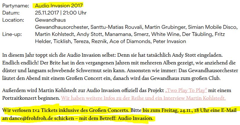 sndoflpzg's tweet photo. ++ EIL ++ 💥 WIN 1×2 Tickets zur #Audioinvasion 2017
inkl. des Großen Concerts @Gewandhaus zu Leipzig!
Bis Fr., 24.11., 18 Uhr eine 📨 E-Mail mit Betreff: Audio Invasionan
an 📥 dance@frohfroh.de schicken.
Details @frohfroh: https://t.co/RIPPj70q73 #ffAgt https://t.co/AVOkdhj1qE