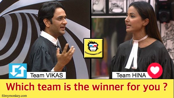 FilmyMonkey's tweet photo. Who should've won the #BB11 luxury budget task #BBCourt?
*RT = Team #VikasGupta
*LIKE = Team #HinaKhan
Though the task got cancelled after judges #SapnaChoudhary & #BandgiKalra failed to choose a winner, who according to you had a stronger case!
#ArshiKhan #BiggBoss11 https://t.co/vGbegYWJRI