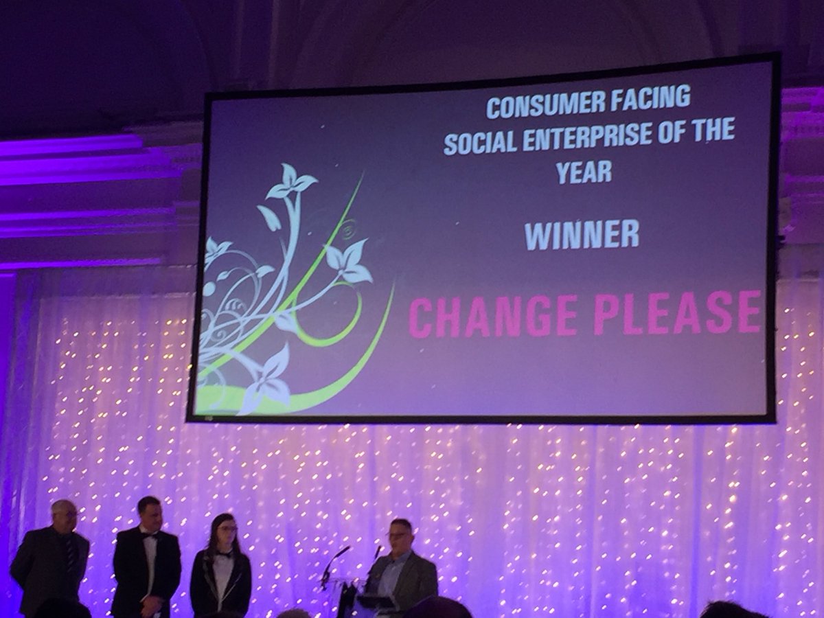 Congratulations <a href="/ChangePlease/">Change Please</a> <a href="/CemalEzel/">Cemal Ezel</a> on winning the consumer facing #socent award <a href="/SocialEnt_UK/">Social Enterprise UK</a> #socentawards17