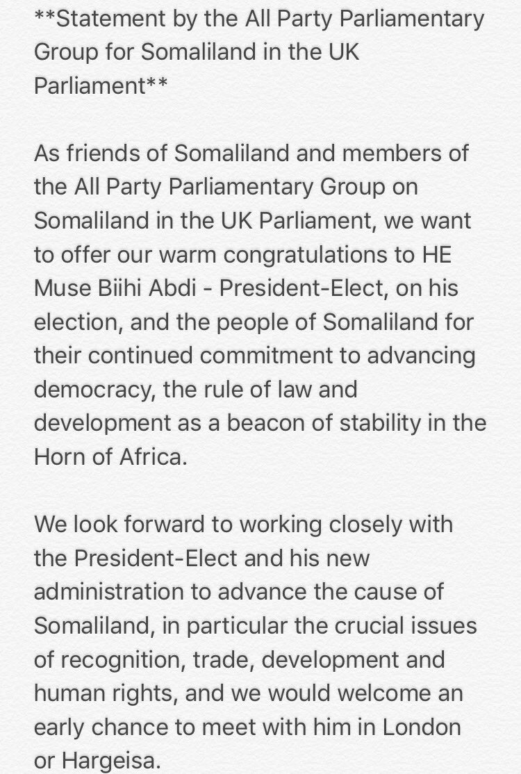 SDoughtyMP's tweet photo. Our cross-party statement on behalf of @AppgSomaliland congratulating @musebiihi on his election to @SLPresidency and praising all candidates and the people of #Somaliland - we look forward to working with the new President! @SomalilandinUK https://t.co/Mt2GgRsv0A