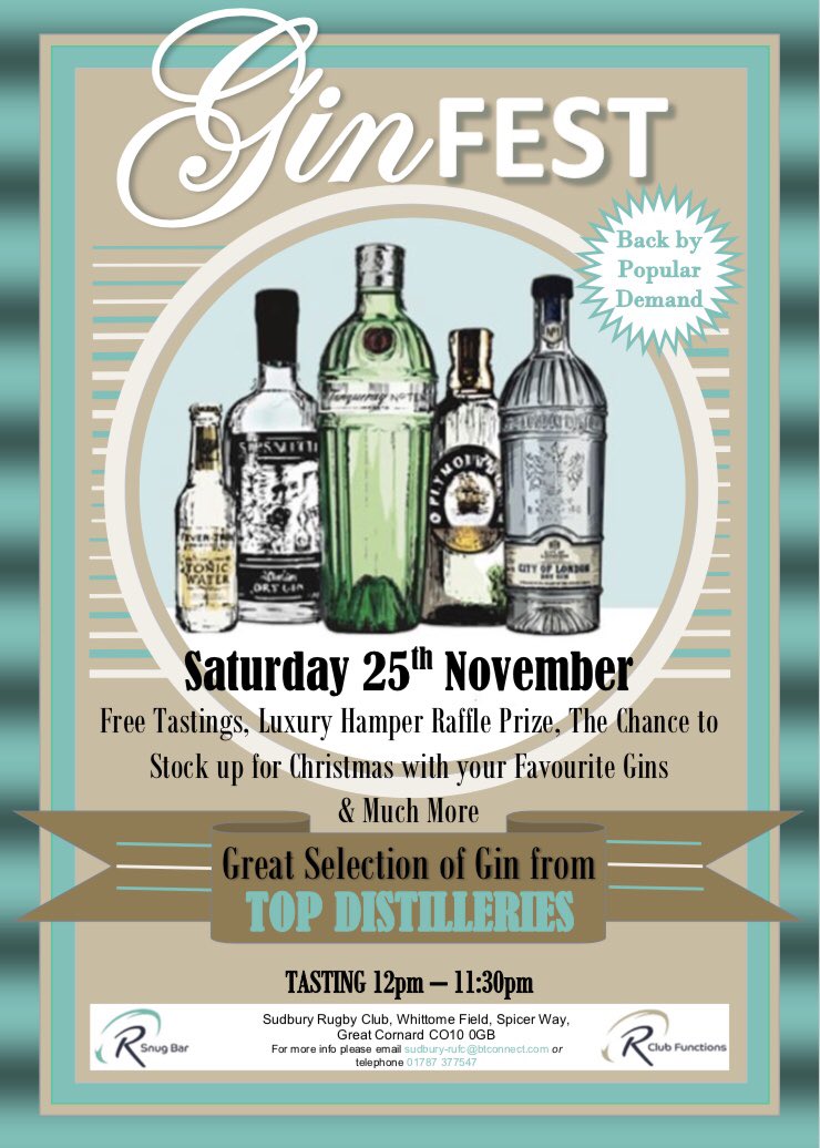RuthHellier's tweet photo. Don’t miss out this Saturday @SudburyRFC featuring @WhitleyNeill gin....back by popular demand 🍸 https://t.co/G9sgW8V6ln