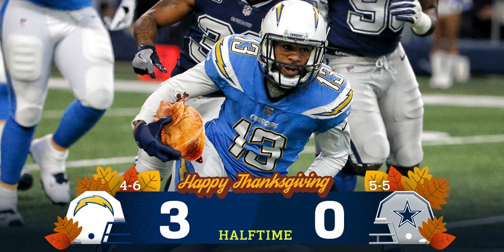 NFL's tweet photo. HALFTIME in Dallas! 🦃🏈🍂

#LACvsDAL https://t.co/rsvG4LKk4L