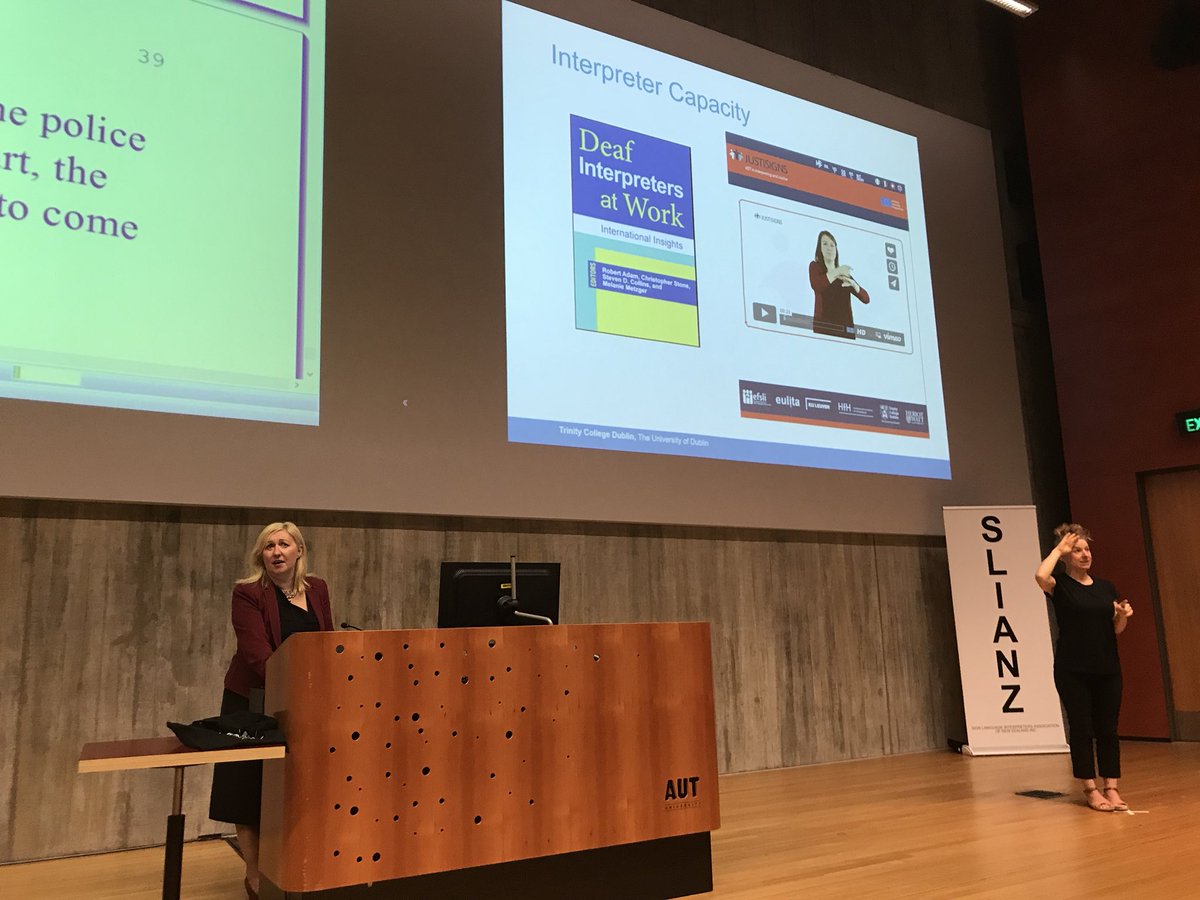 Prof Leeson discusses importance of Deaf interpreters in legal settings. #nzsl2017 Auckland, NZ
