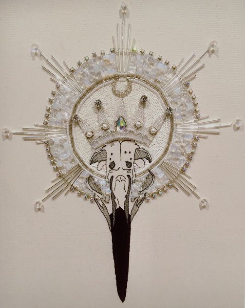 LostSpeciesDay's tweet photo. ‘The Witch of St Kilda’, one of many amazing artworks on display @ONCAnetwork as of tonight, ahead of #RDLS2017 - created by master embroiderer Katie Tume, a tribute to the last great auk seen in the UK. Artist’s website here https://t.co/vweCVeALSB https://t.co/cG7yauQDgj