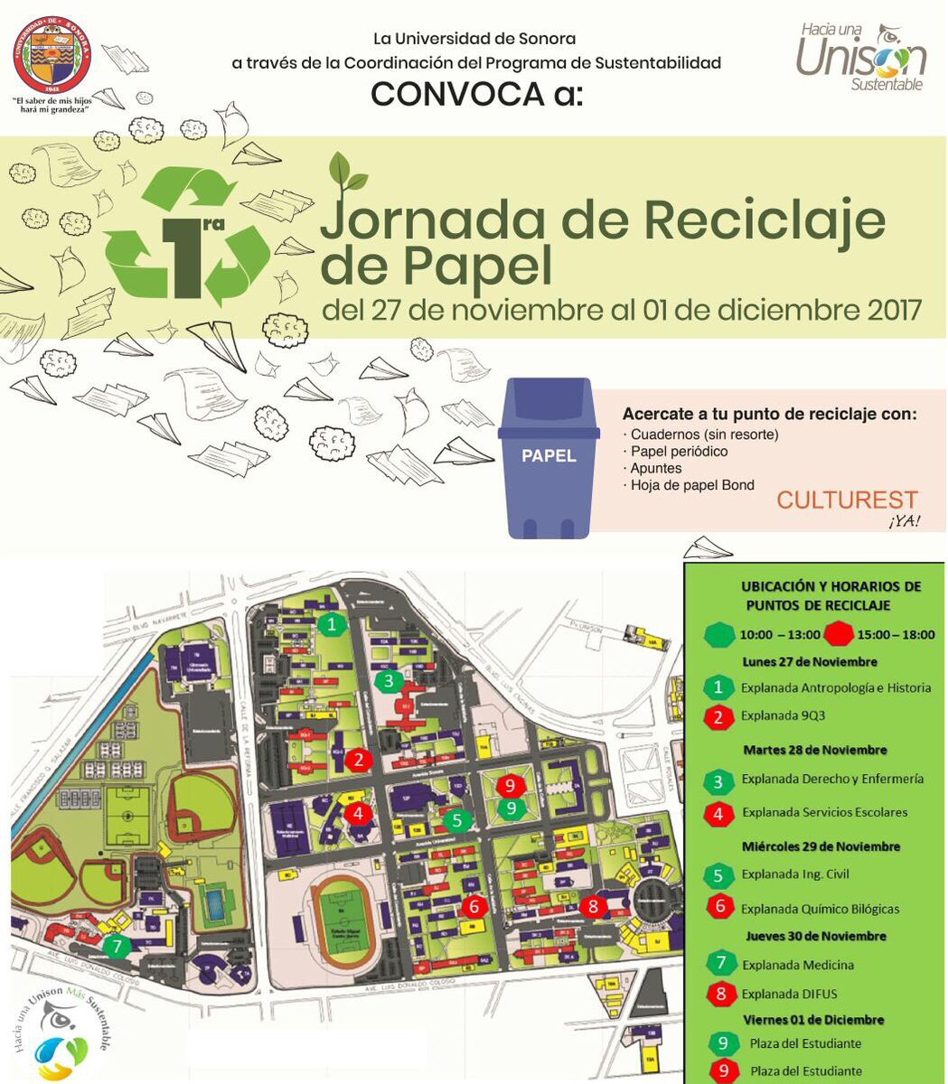 imefu_unison's tweet photo. Los invitamos a la 1era Jornada Reciclaje de Papel de la Universidad de Sonora. 

¡Del 27 de Nov al 01 de Dic! 
#UNISON #Búhos 🦉 https://t.co/ZpkC8u7F2l