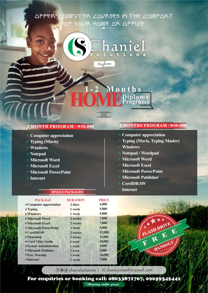 Chanielsolution's tweet photo. Private computer courses, duration and subsidized prices.
This is breathtaking opportunity of becoming a computer literate in no time in the relaxation of your home or office.
See prospectus for more details
or call 08033871767 or 09059345441 https://t.co/XrgXXzk17O