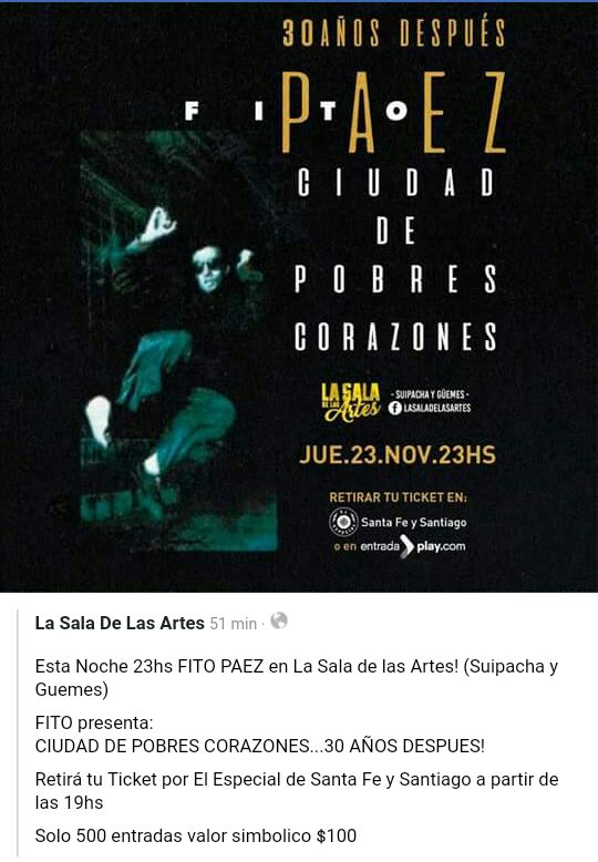 #HOY 23Hs
#FitoPaez en #LaSalaDeLasArtes (Suipacha y Güemes) #Rosario
Leer detenidamente la imagen
cc <a href="/HacemosAlgo/">Hacemos Algo</a> RT