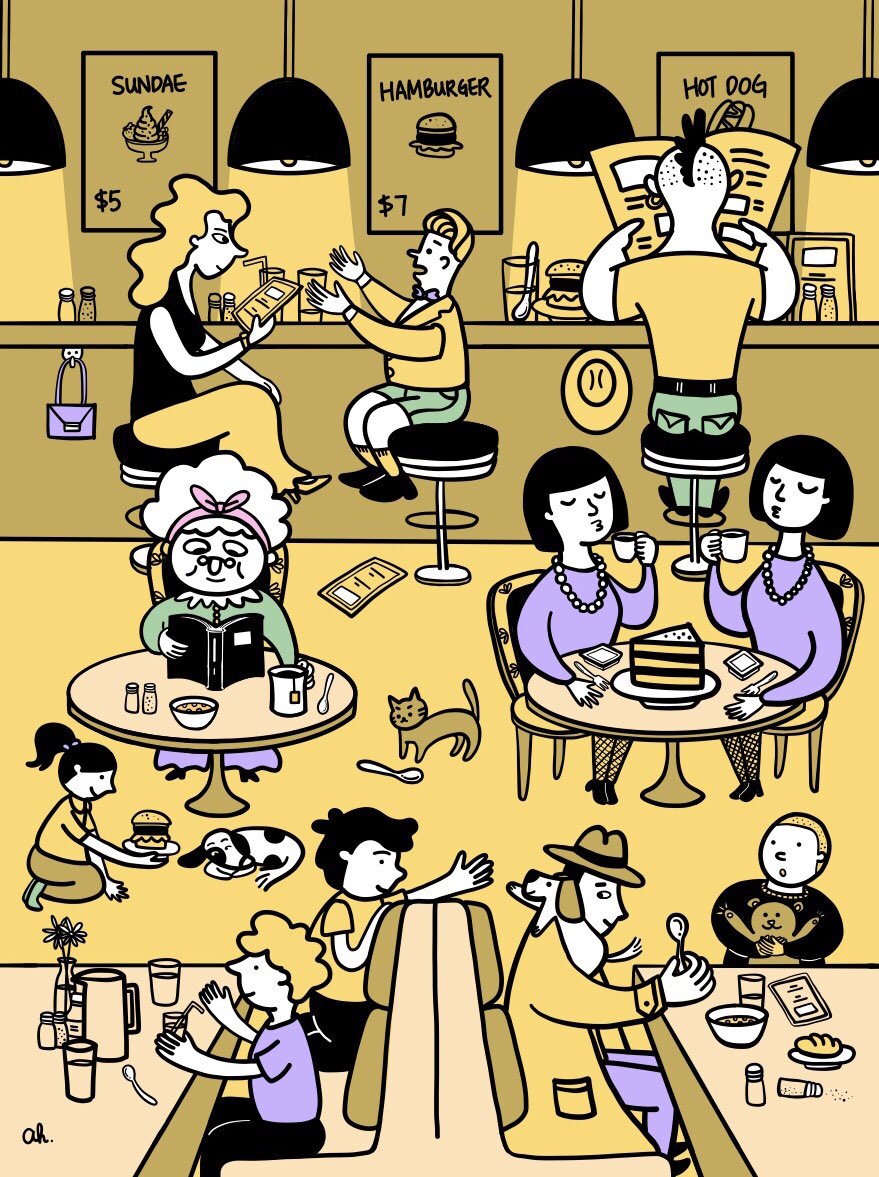 avalonhu's tweet photo. Diner themed hidden picture 🕵🏻‍♀️. I’m taking a children’s book class at #svacontinuinged this semester and this is one of my homework. You will find 1 cake 2 soups 3 burgers 4 menus 5 spoons and 6 salt shakers. Have fun, let me know what do you think, and #happythanksgiving https://t.co/ycorBGh5P2