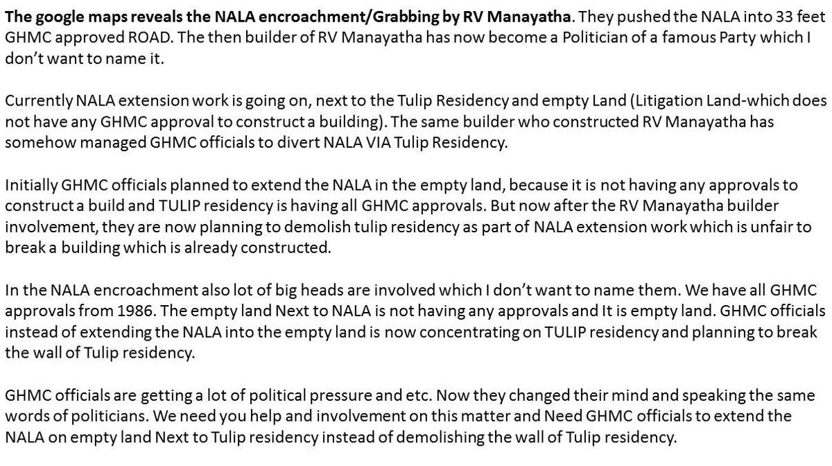 mohan5k's tweet photo. @Porus1985 Illegal construction on Gangaram NALA By Big Heads. Sir, please take a moment to see the attached Google Images 2003(Oldest available) and 2017.We are Residents of “TULIP Residency”DeepthiSree Nagar, Madinaguda. Finally NALA has been pushed Near to our apartments. https://t.co/Byx9B2846K