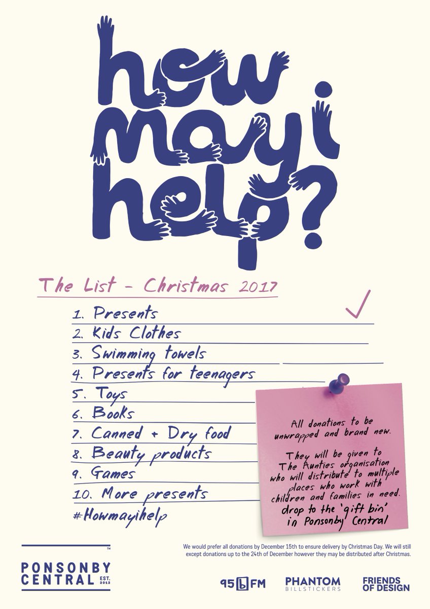 PonsonbyCentral's tweet photo. Thanks @0800Phantom for splashing these #howmayihelp lists around Auckland this weekend!
We hope they remind everyone to get busy being generous. You can drop your presents for The Aunties (@whaeapower ) with us. https://t.co/pGgvAV4Rfi