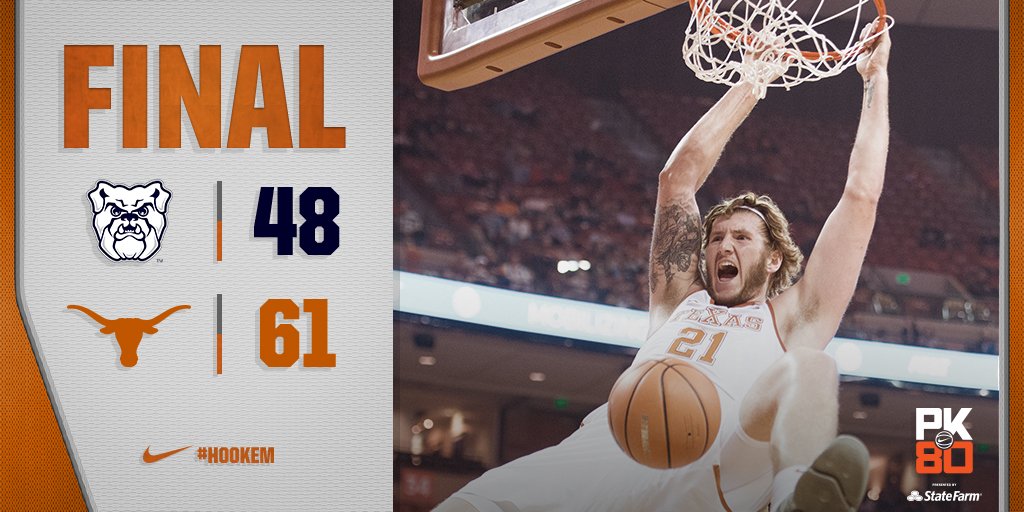 TexasMBB's tweet photo. HORNS WIN! Texas improves to 4-0 with 61-48 defeat of Butler at the #PK80

Jones: 16p/4r
Osetkowski: 12p/7r
Coleman: 7p/6r/9a

#HookEm https://t.co/aKdnNlRcfm