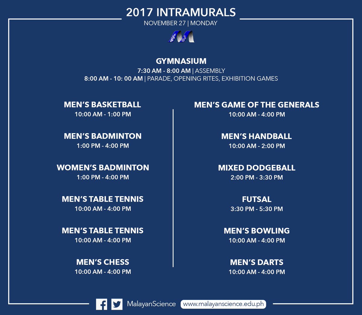 MalayanScience's tweet photo. Malayans, here is the schedule of the #MHSSIntrams2017. See you! https://t.co/JDVeJ4DrnC
