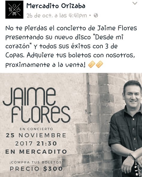 Jueves... A dos días de la presentación de <a href="/jaimefloresmx/">JAIME FLORES</a> en #Mercadito #Orizaba #Veracruz No le falten!!!