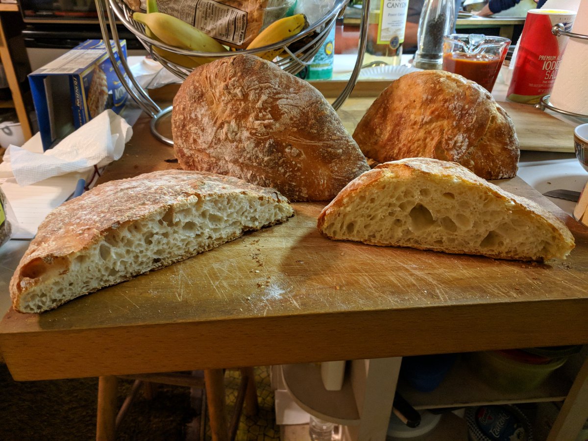 MikeTreglia's tweet photo. Welp these are the results... No knead on the right, bread bible derivative on the left.. better flavor on the latter and developed a better crust with some ice and spraying, but the no knead was pretty good and easy #breadsgiving #Thanksgiving https://t.co/MbaHW71tPS