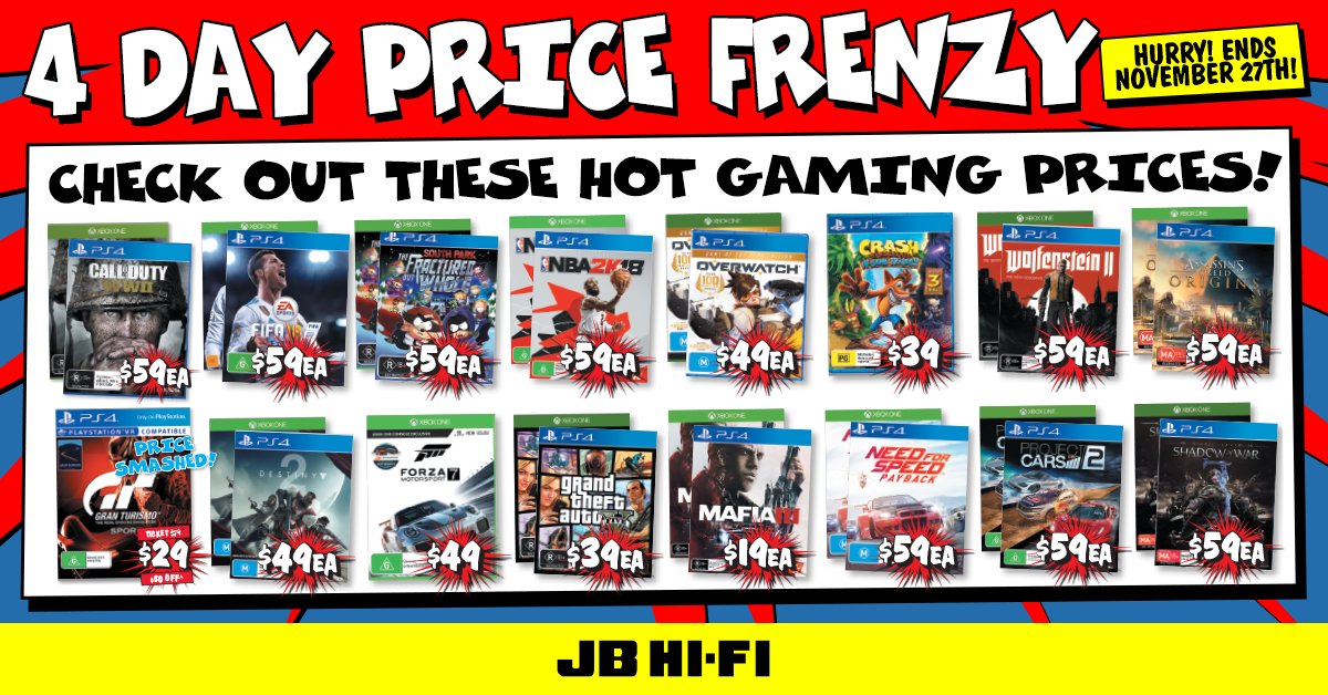 JBHiFi's tweet photo. Awesome Games at Awesome Prices!

Check out the huge range of games of sale during JB Hi-Fi's 4 Day Price Frenzy: https://t.co/H9cW5R7D9I

Must end November 27th. Strictly while stock lasts. https://t.co/OmafetwoAl