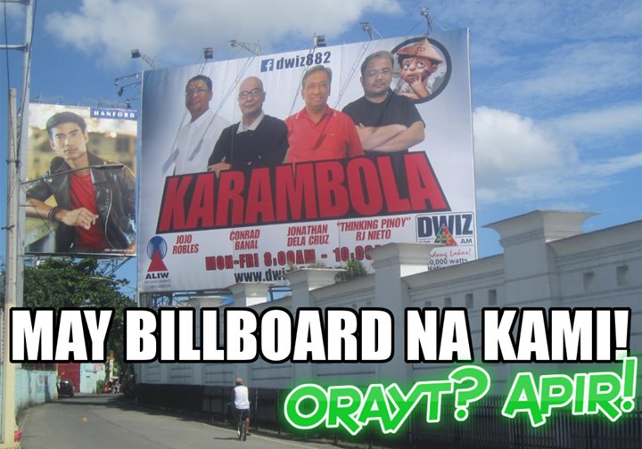 ThinkingPinoyPH's tweet photo. FIRST KARAMBOLA BILLBOARD IS UP!

Fafa Mikael Daez, tabeh! (LOL) Up na ang gigantic billboard ng Karambola sa DWIZ... 

...Pero hulaan niyo kung saan! Nyahahah! https://t.co/6jkSG9KWHR https://t.co/mxkCKDxpDh