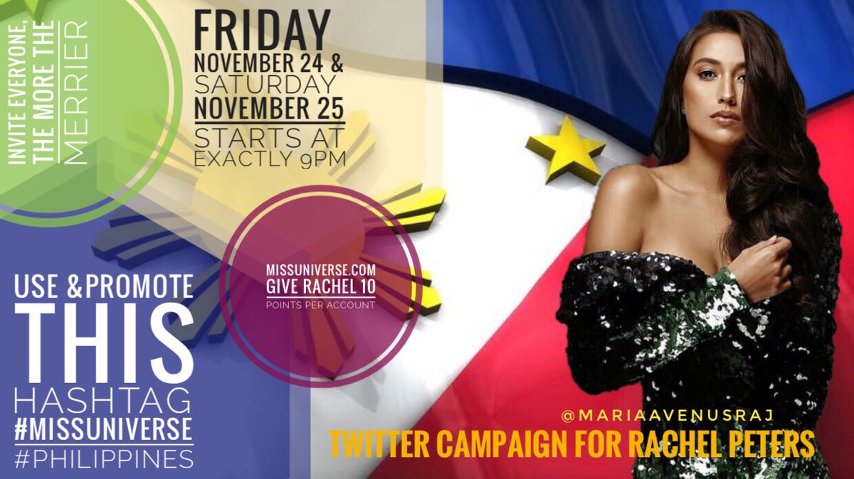 MariaaVenusRaj's tweet photo. Dont forget to spread out our ganap tonight &amp;tmorrow, my little twitter campaign for rachel para makarami sa votes. RT, share it in ur groups, gc to your friends &amp;family. Set in ur alarms ng alas nueve ng gabi, sali kyo masaya to! Be actively tweeting

#MissUniverse #Philippines https://t.co/zNJozY4Y8e