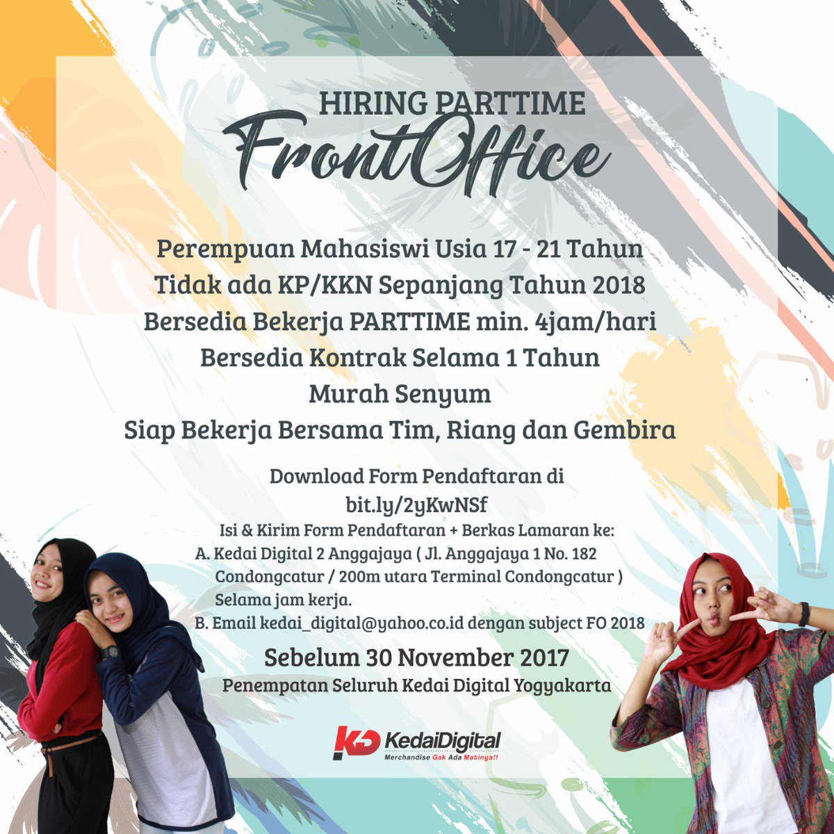 jogjalowker's tweet photo. #jogjalowker @kedaidigital: Ce/Mhsi | Parttime | Front Office | Penempatan: Seluruh cabang Kedai Digital Yogyakarta | 30/11/17 | WA: 0857 2936 0000  https://t.co/rWCv75bfoZ