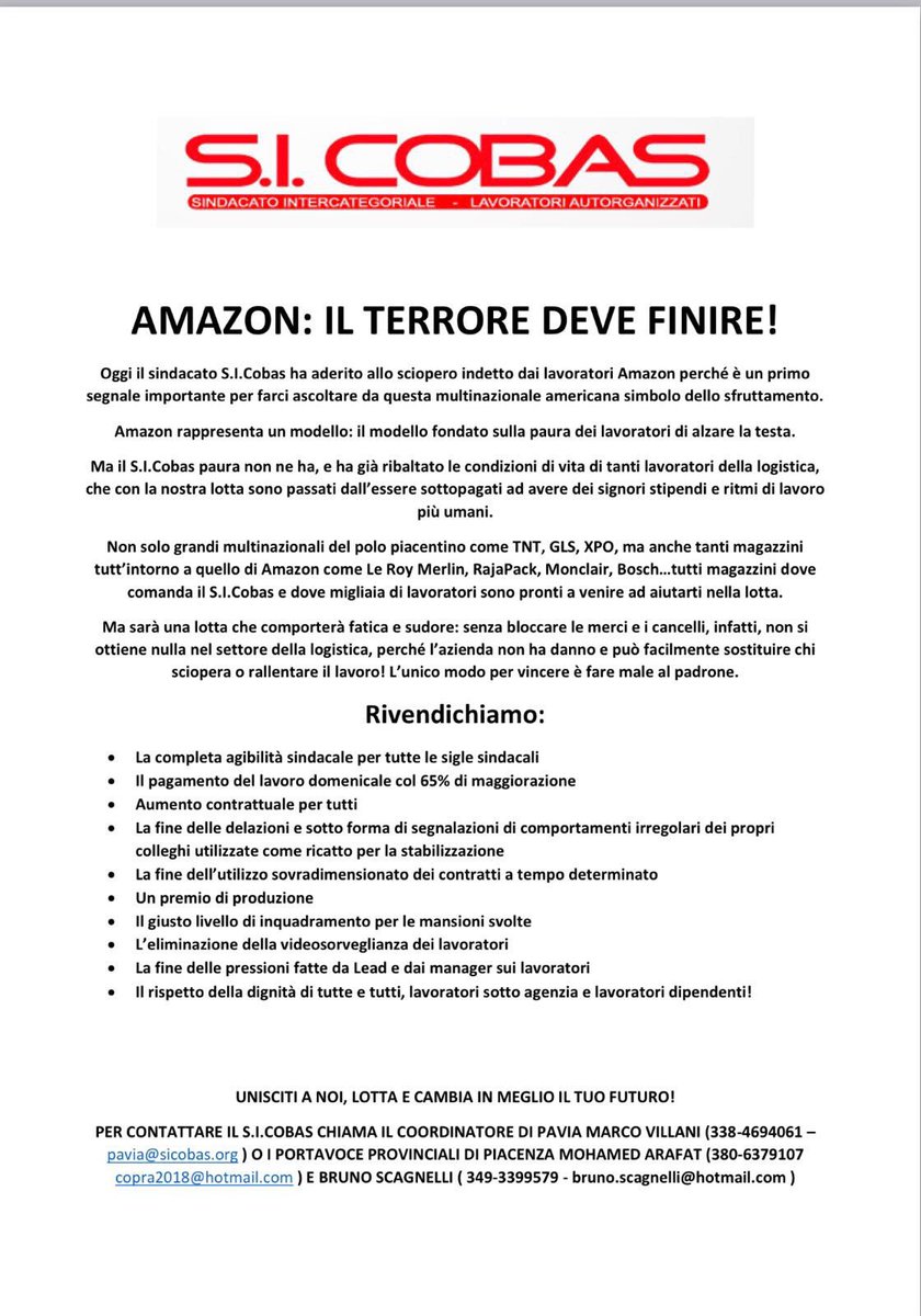 si_cobas's tweet photo. Il #sicobas partecipa allo sciopero al fianco dei lavoratori di #Amazon! 
Rompere la paura! Fino alla vittoria! 
#Blackfriday #sciopero https://t.co/TCXLclFB2E