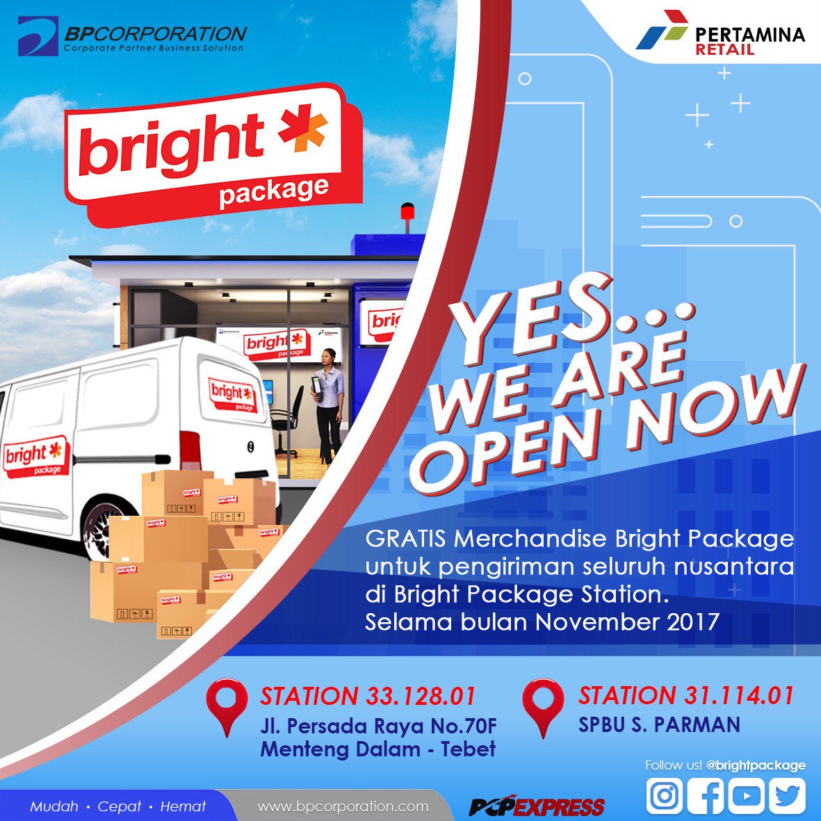 brightpackage's tweet photo. YES, WE ARE OPEN!
Bagi kalian yang ingin kirim-kirim paket, dokumen, atau apapun, langsung aja cari BRIGHT PACKAGE ya. Hingga hari ini, kita sudah ready di 2 BPS loh.
Dan jangan khawatir, karna Bright Package akan hadir di SPBU SPBU dan sekitar kalian nantinya. https://t.co/dU14yF5Lqz