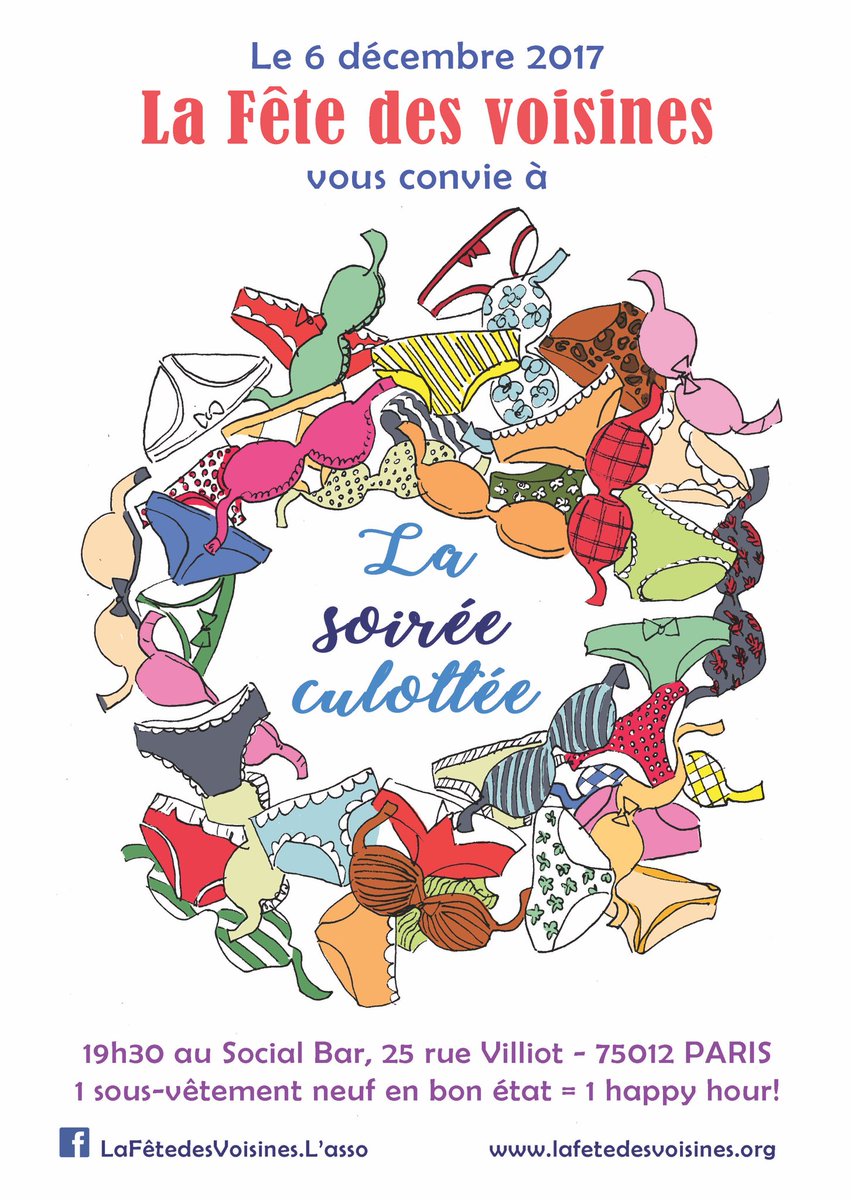 FetedesVoisines's tweet photo. Soirée culottée au @SocialBarParis le 6/12 pour récolter des sous-vêtements pour les femmes de la rue. Vous venez ? https://t.co/lXGoM9YO1d
