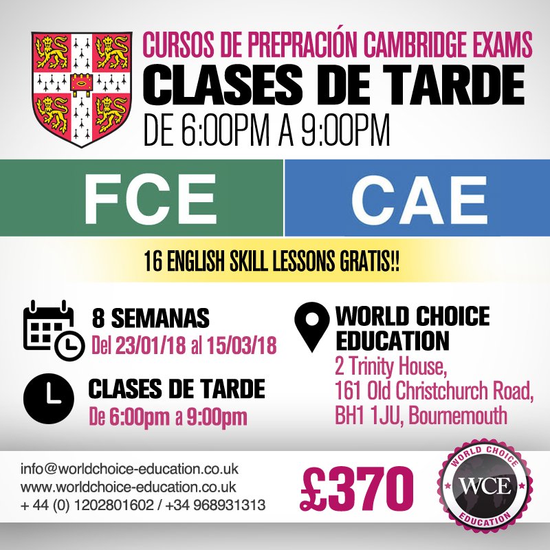 WCEworld's tweet photo. NEW GOALS FOR #2018!!!!! Got a #EnglishCertificate? 🇬🇧 💪🏾 Book your #FCE or #CAE Preparation Course for the next year now!!🙌 Places will go quickly!!😱 >> info@worldchoice-education.co.uk https://t.co/zWqy0J2TOV