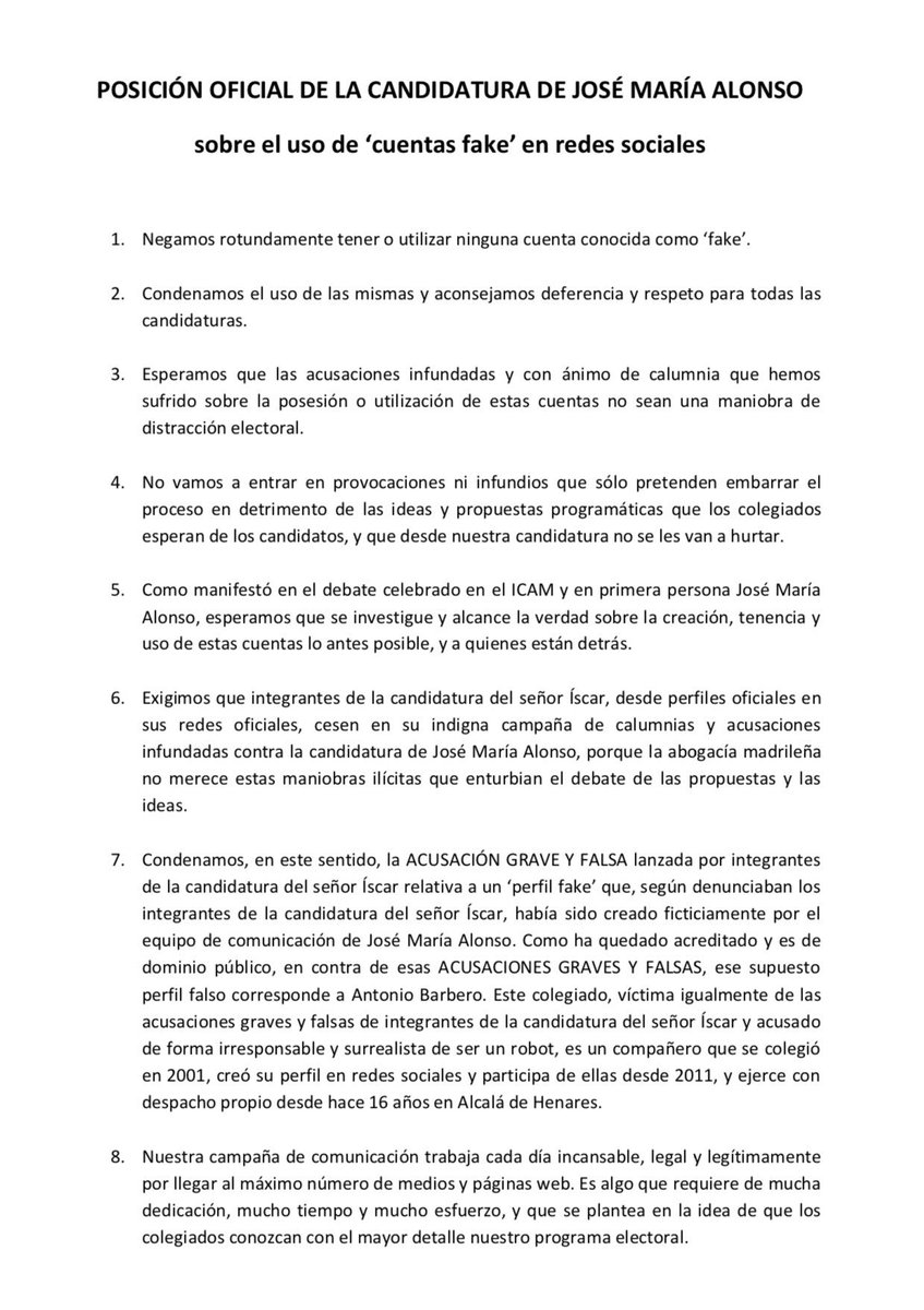 JM_AlonsoPuig's tweet photo. Desde la candidatura @ConAlonso2017 emitimos este comunicado sobre el uso de ‘cuentas fake’ ...negamos y condenamos rotundamente su uso #EleccionesICAM #ELECCIONESICAM2017 #JuegoLimpio https://t.co/SttnNFczKm
