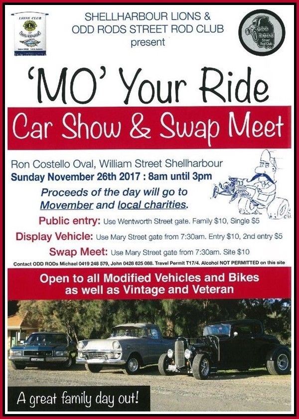 The MO Your Ride Car Show & Swap Meet will be held on Sunday 26 November 2017 at Ron Costello Oval, #Shellharbour NSW carsofaustralia.com.au/whats_on.php?d…