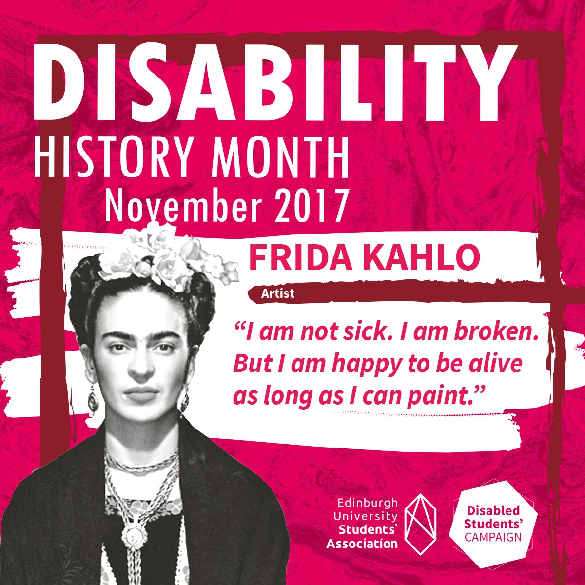 EdUniStudents's tweet photo. Frida Kahlo is just one face of our #DisabilityHistoryMonth2017 this November! Find more info and celebrate with us! https://t.co/NAfQkJWkul https://t.co/LTjDCoKMtp