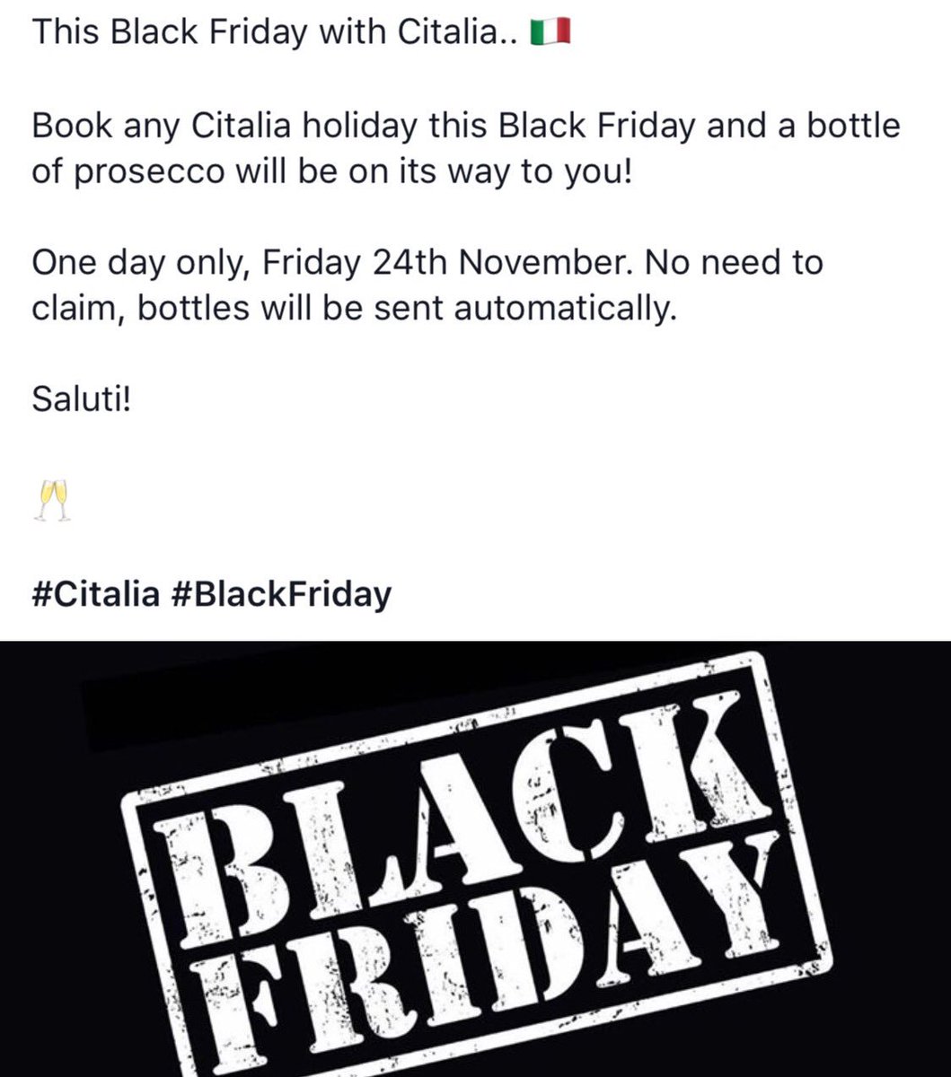 CitaliaTrade's tweet photo. Happy Black Friday! 🇮🇹🥂 #Citalia #FreeProsecco #TravelAgents #BlackFriday https://t.co/vEQKQI2JOn