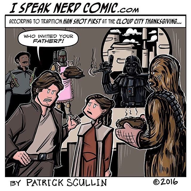 thestevestrout's tweet image. Hahaha!
Reposting @patrickscullin:
Happy Thanksgiving Everyone! #ispeaknerd #comics #art #hansolo #starwars #thanksgiving