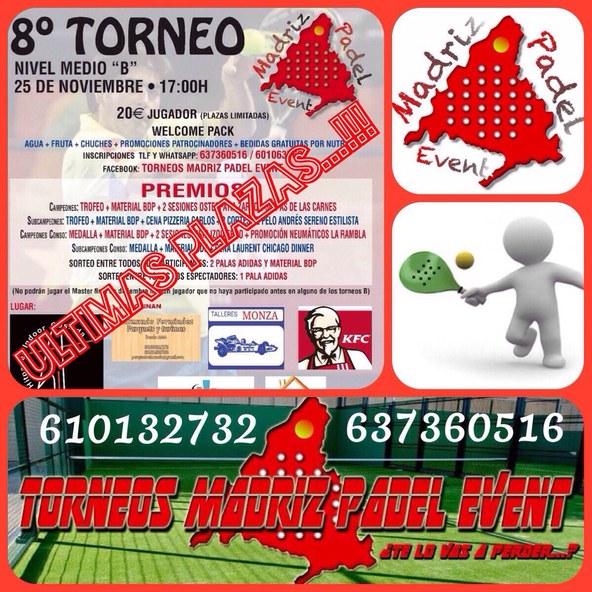 MadrizPadel's tweet photo. Últimas plazas para el torneo del Sábado, con muchos premios, sorteo de 3 palas @adidas_padel y Dj en directo.
¿Te lo vas a perder.?
#torneopadel #padelon #coslada #dj #sorteos #premios #blogdepadel #adidaspadel #hitpadelindoorcoslada https://t.co/X8c8pvVNkx