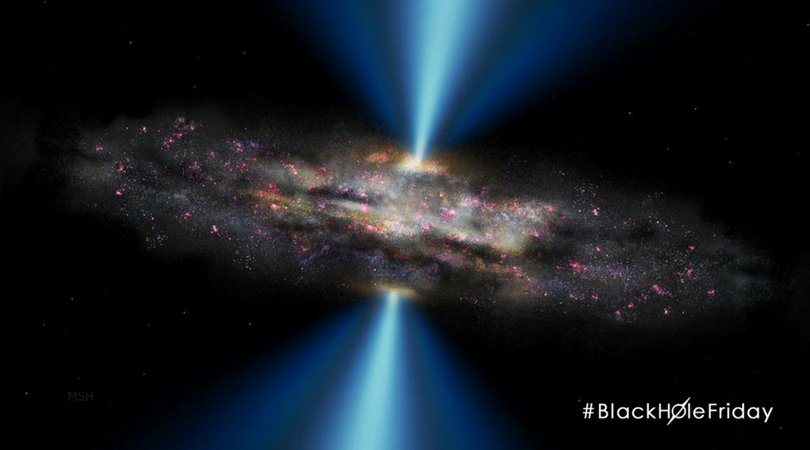 Don’t let the name fool you…black holes are anything but empty space. Rather, it is a great amount of matter packed into a very small area…sort of like those #BlackFriday stores. Learn more: go.nasa.gov/2jWtUZx #BlackHoleFriday