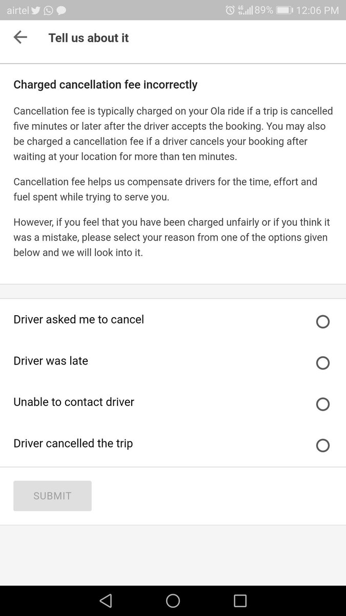 SanjuSh3tty's tweet photo. @Olacabs Is der no option where d ola app might cause a mistake? I got incorrectly charged due to a bug in d ola app. Why should I blame the driver to get my money back? Also y no customer care number? What's up wid dat? https://t.co/IcOzyoF5TP