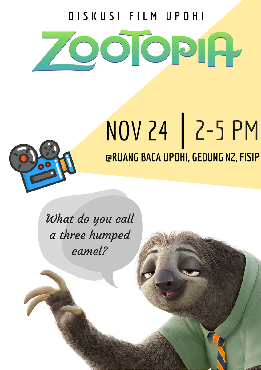 Hari ini UPDHI UI kembali mengadakan diskusi film "Zootopia"! Jumat ini, 24 November 2017 14.00-17.00 di Ruang Baca UPDHI, Gedung N2, FISIP UI #readingshapesyou