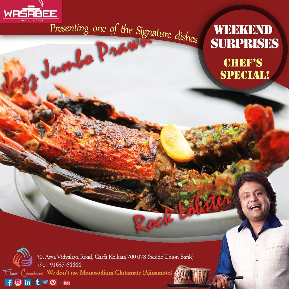 WasabeeKolkata's tweet photo. Wasabee brings to you #weekendsurprises
JAZZ JUMBO PRAWNS!!
Rock Lobsters that'll create #deliciousmemories. #chefsspecials #kodocrabexperience #finedining #wasabeekolkata #japanesecuisine #wasabeesurprises #thaicuisine #chinesecuisine #burmesecuisine #singaporeancuisine https://t.co/Kux8LQwNYw
