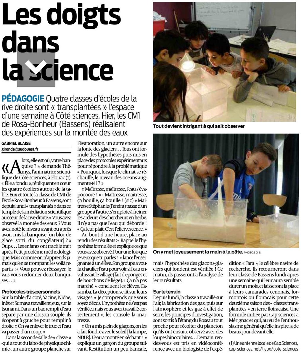 Dans le cadre du dispositif "classes transplantées", les CM1 de l'#école Rosa Bonheur réalisaient hier, à l'espace Côté Sciences de #Floirac, des expériences sur la montée des eaux. #Bassens #RiveDroite