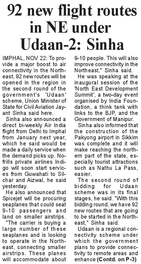 indfoundation's tweet photo. Report on recently concluded #NorthEastDevelopmentSummit organised by India Foundation where Shri @jayantsinha, Minister of State for Civil Aviation, had announced Modi Govt’s plans of enhancing the Air Connectivity in North East India under Udaan-2 Scheme. https://t.co/sMkCsMJyqL