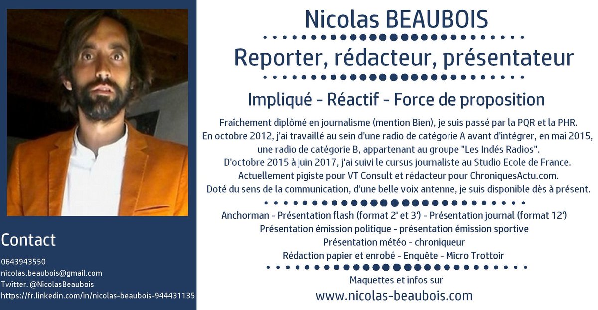 NicolasBeaubois's tweet photo. En recherche d'#emploi en #journalisme #CDD #CDI sur la région parisienne et dans l’Ouest | RT apprécié #i4EmploiR | CV en ligne ici ➡️ https://t.co/yJ7E67wE3v https://t.co/nL1MJ6SM0C