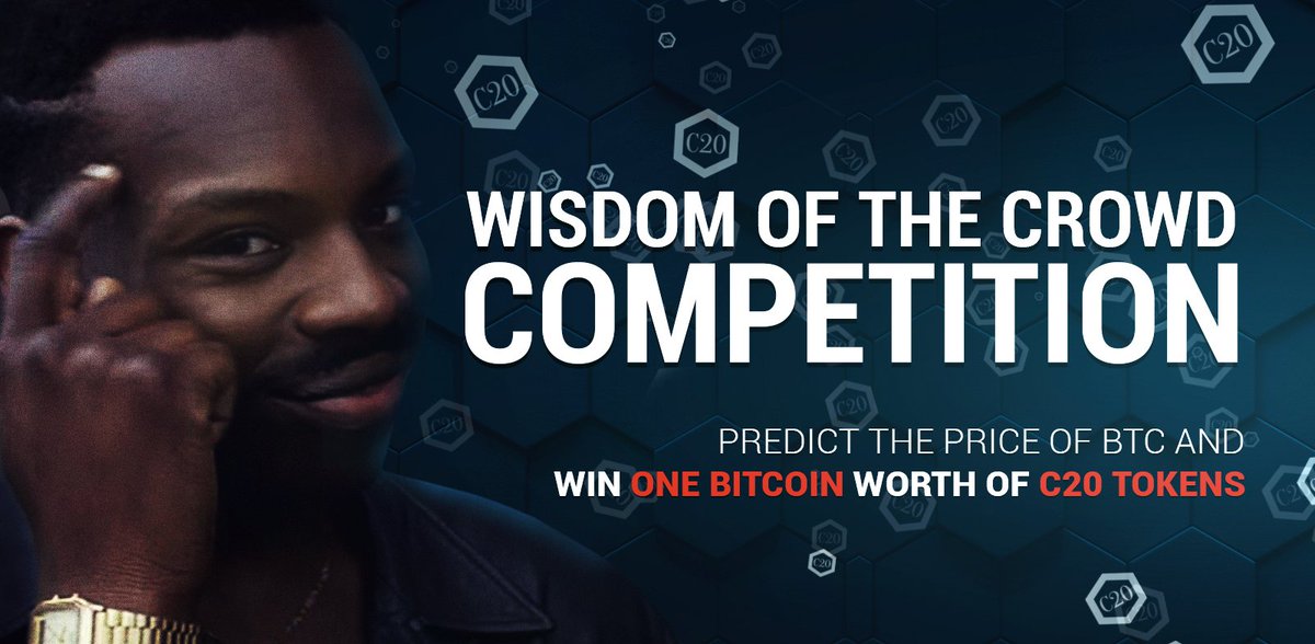 RecReal's tweet photo. “Wisdom of the Crowd Competition” by @d_schwartzkopff https://t.co/4Kz6pgyTC2
Predict the price of $BTC and win one #bitcoin worth of #C20 tokens. No purchase necessary. Join link and profit share https://t.co/JyAZj8ZEEP $eth $ltc $bch $neo $omg @DiaryofaMadeMan @Twonyce_20 https://t.co/KYffiKc2Cd