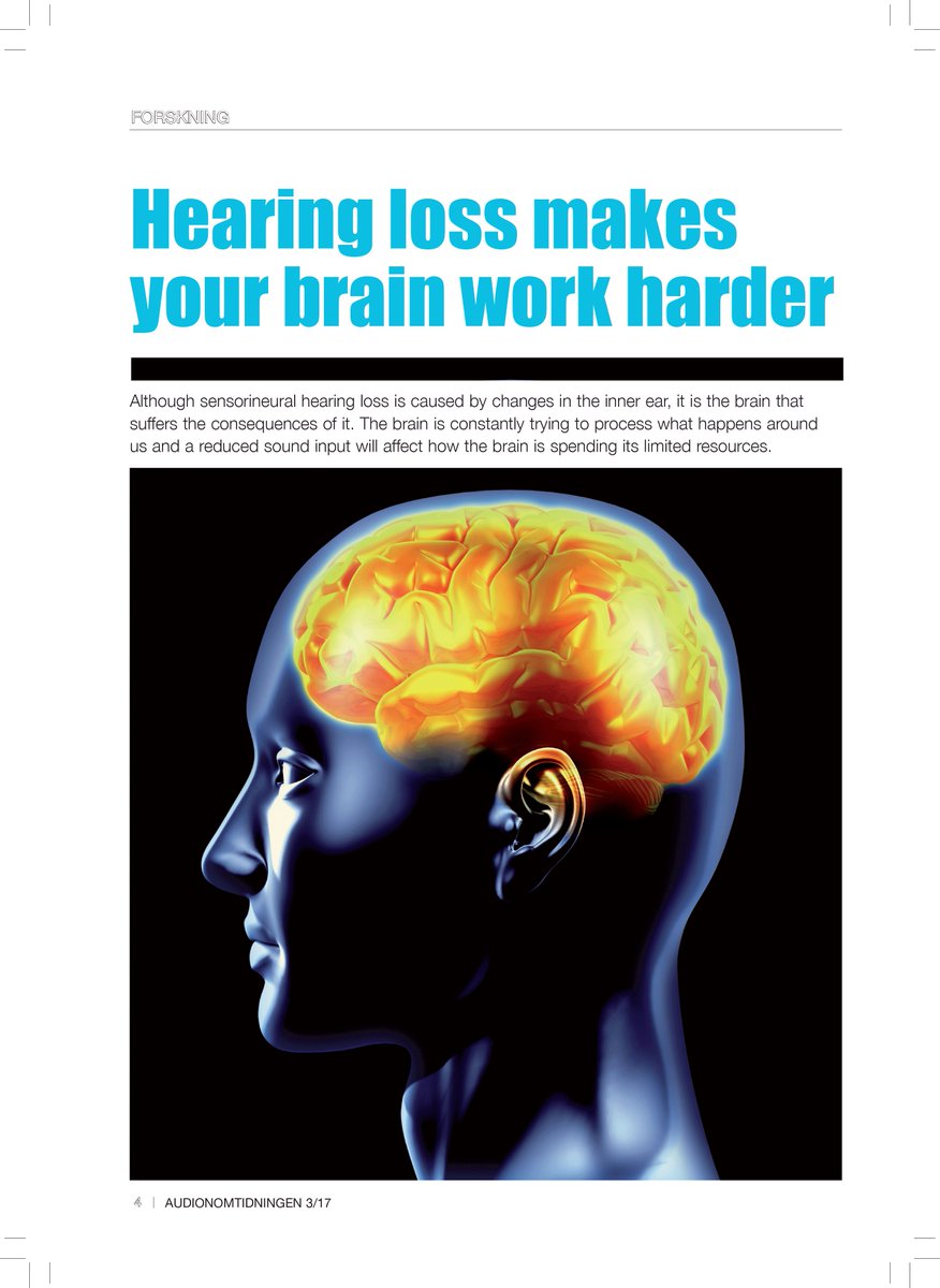 'Hearing loss makes your brain work harder', article in Audionomtidningen 3/2017, by Eline Borch Pedersen #cognitivehearingscience #chscom2019 
Read it here: old.liu.se/ihv/articles?l…