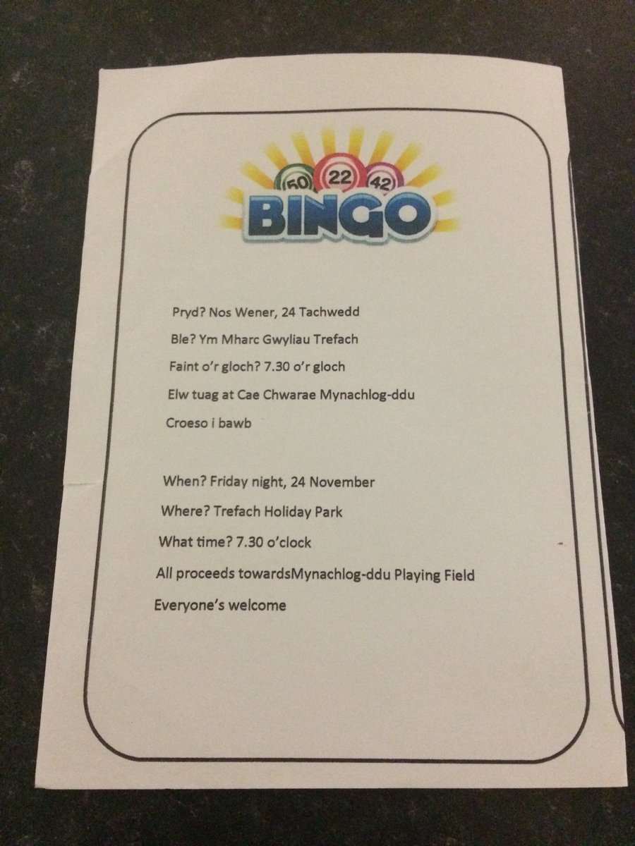 Cofiwch am y noson Bingo heno. Hwyl i’r teulu cyfan!