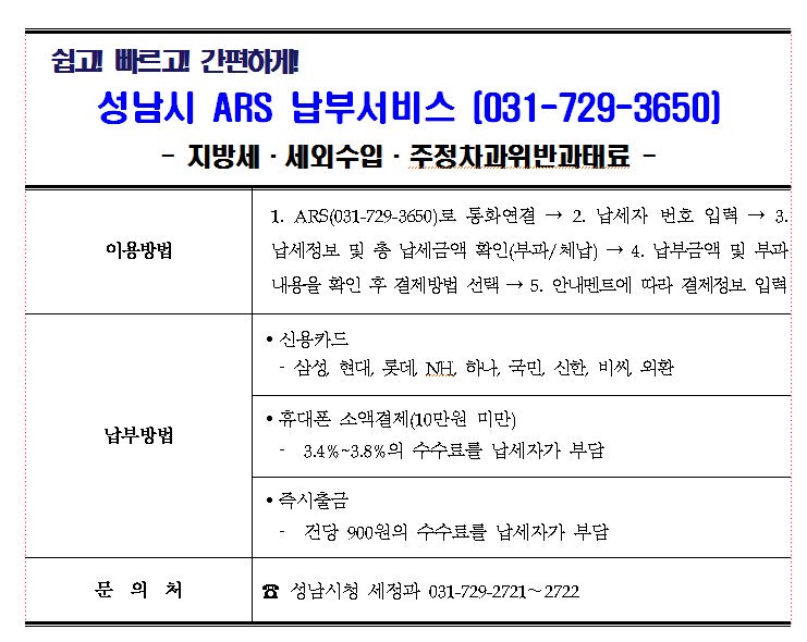#성남시 ARS 납부서비스 "031-729-3650"
2017년 11월 20일부터 주정차위반과태료도
전화로 납부가 가능합니다~~