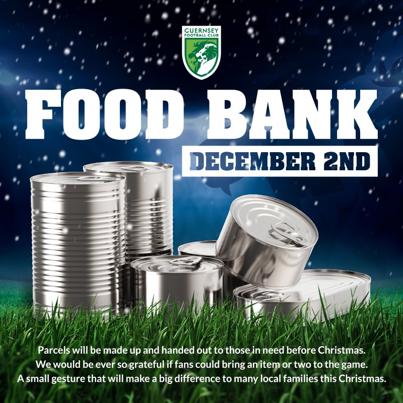 Director John Loveless will join <a href="/oscarjpearson/">Oscar Pearson</a> Live on <a href="/BBCGuernsey/">BBC Guernsey</a> at 8:30 this morning to look ahead to the Food Bank. 
Donations <a href="/FootesLane/">Footes Lane</a> on Saturday 2nd December before our game against @VCDfc.