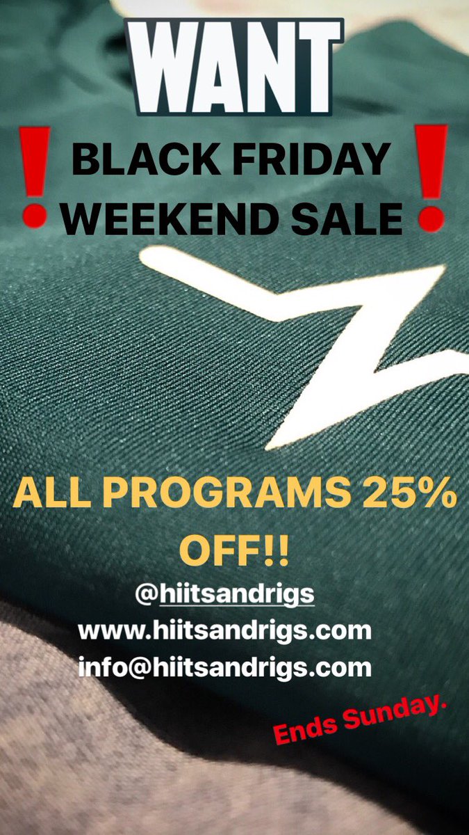 hiitsandrigs's tweet photo. #BlackFriday 25% off all programs! 😮Don’t wait, get yours now!
Email us at info@hiitsandrigs.com
Or check us out at https://t.co/AuFCYKkoMG https://t.co/ZIJ4TKJC3t
