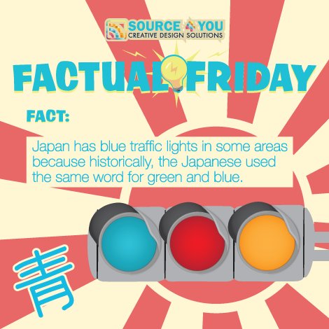 Source4YouPH's tweet photo. Factual Friday!

Fact: 

Japan has blue traffic lights in some areas because historically, the Japanese used the same word for green and blue.

#Source4YouFactualFriday
#Source4YouJapeneseTrafficLights
#Source4YouGreenAndBlue https://t.co/S0wVFArVum