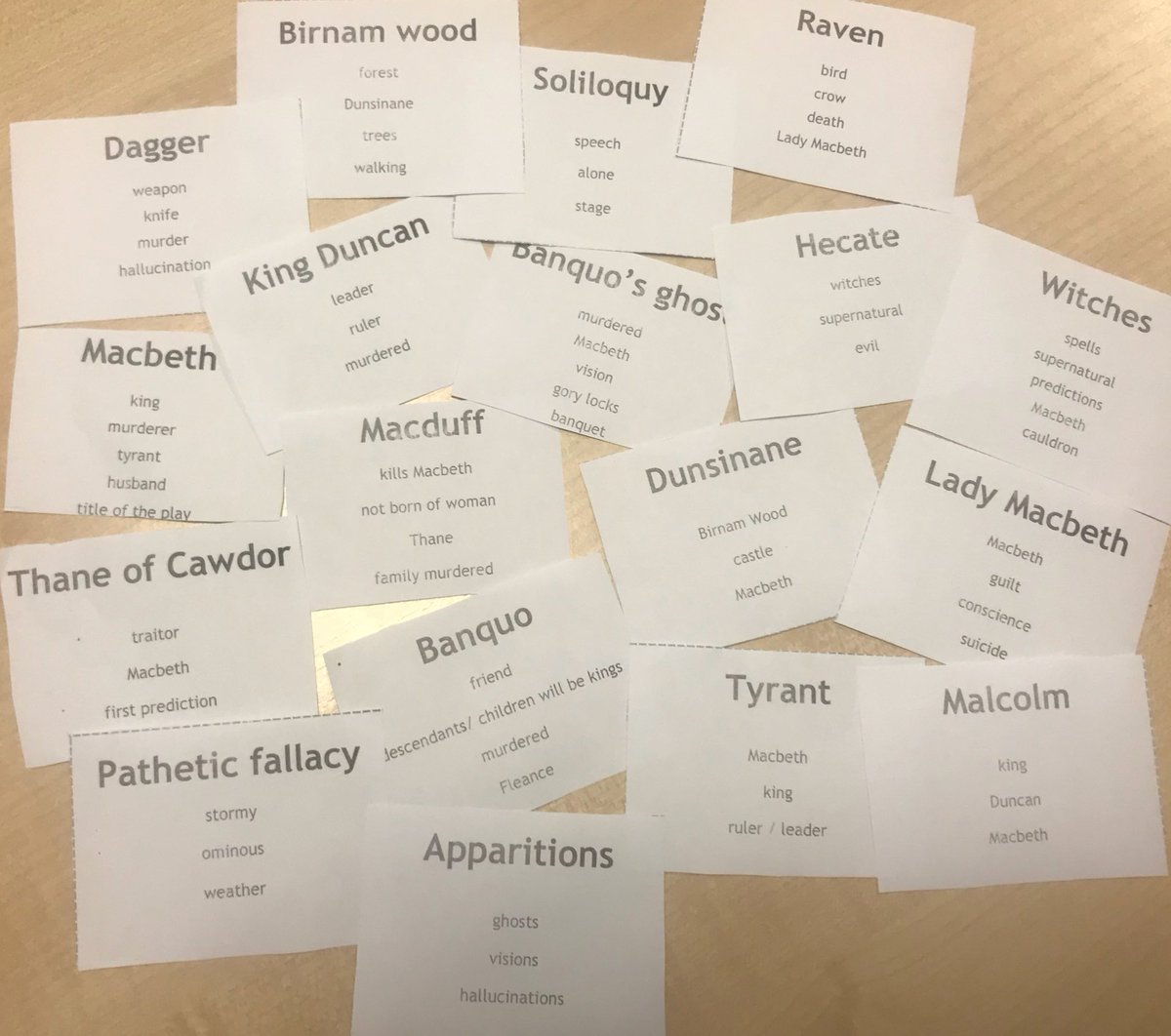 Hayle_English's tweet photo. Could you describe these #characters or #techniques without using the words on the cards? #Macbeth #Taboo #AQALit #AQA #EnglishLiterature #ff https://t.co/bjbnHMzfSH