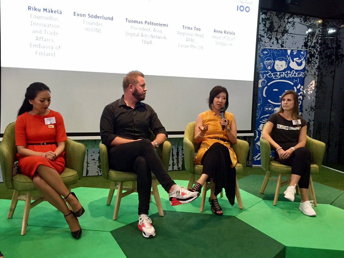 SF100SG's tweet photo. Finland Friday dialogue session on applications of design thinking in businesses. Use common sense: identify the problem and solve it while keeping the end-user in mind! @EvonSoderlund #HuoneSingapore @TPeltoniemi #DigitalArtsNetworkSG  @AnnaRatala #slushsingapore #Exove https://t.co/uF7imzJWvo