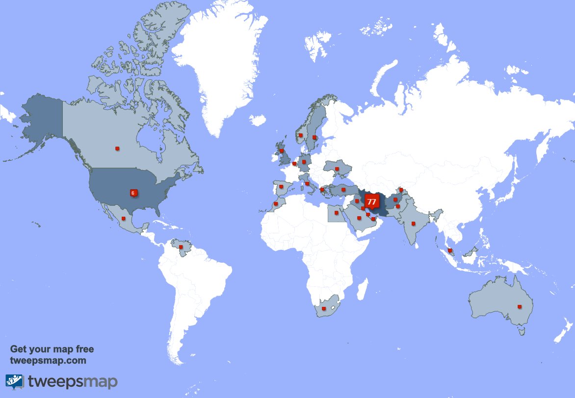 AMiI2y's tweet photo. My followers are in Iran(75%), USA(6%)... Get your map too: https://t.co/GXvcXHfdei https://t.co/OqOYaSmxpS